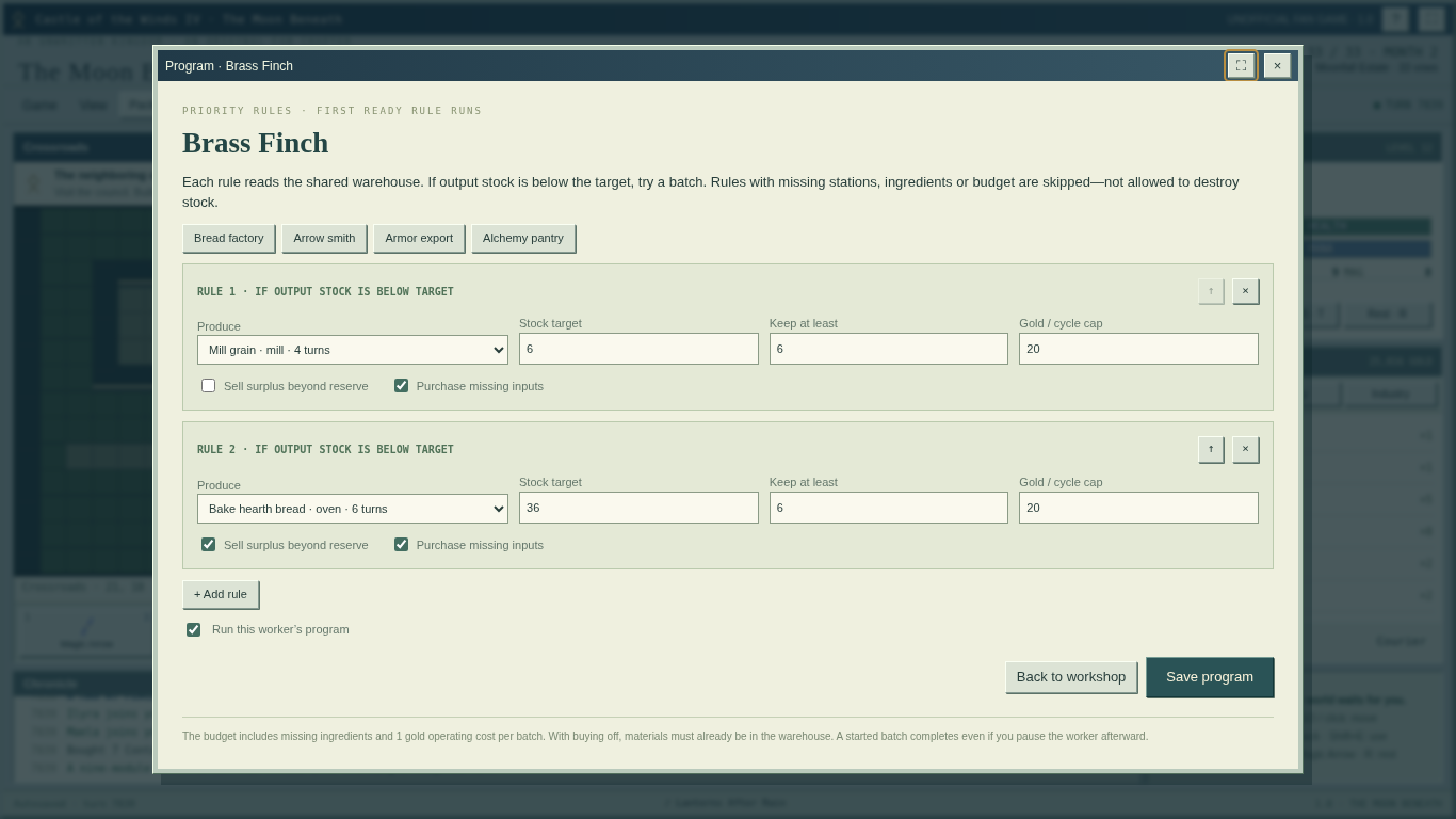 The Moon Beneath’s automaton programming screen, with a bread factory’s milling and baking rules, stock targets, purchasing options and budgets.