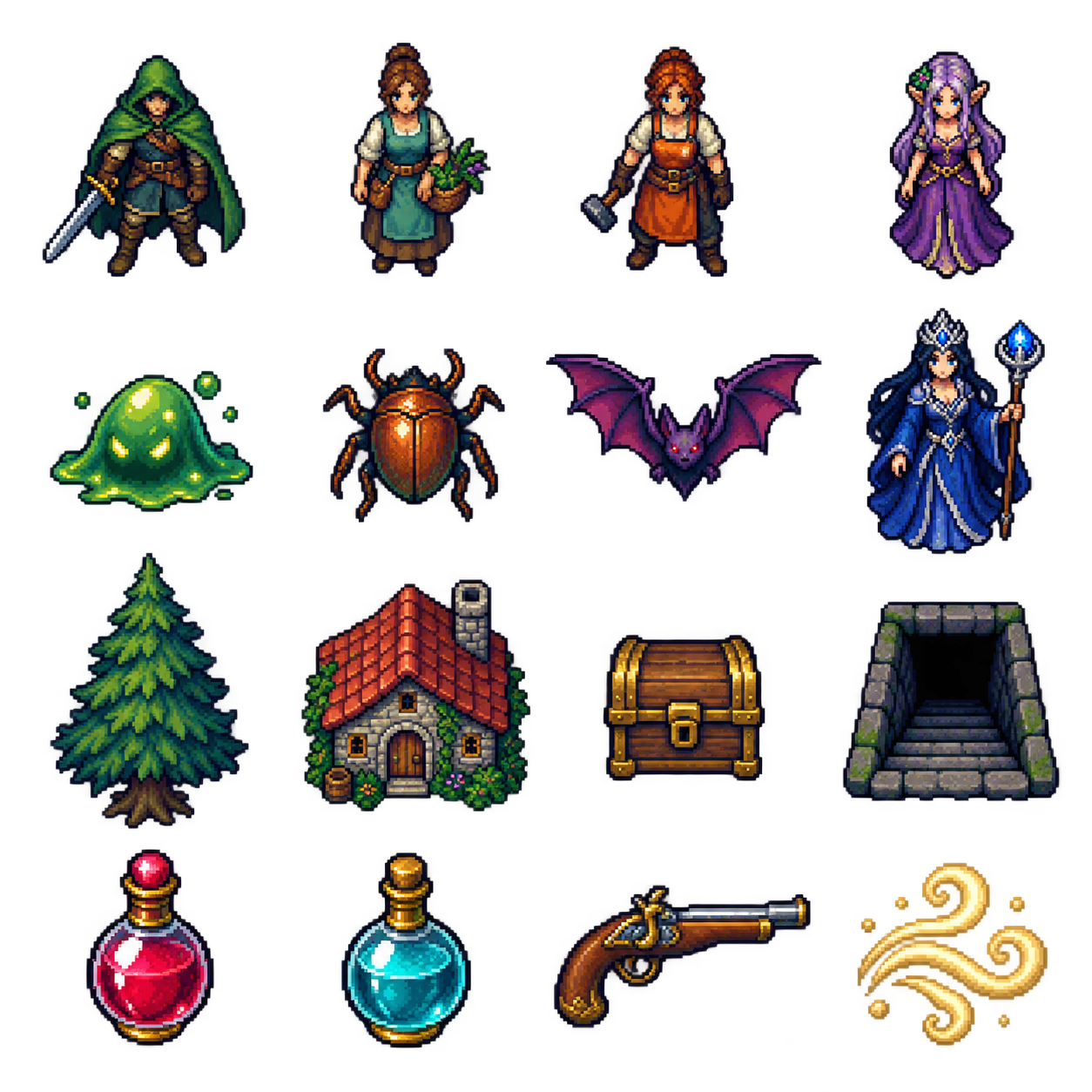 Original pixel art for The Wind Above: a cloaked adventurer, adult townspeople and fae, monsters, Ilyra, treasure and a wind sigil.