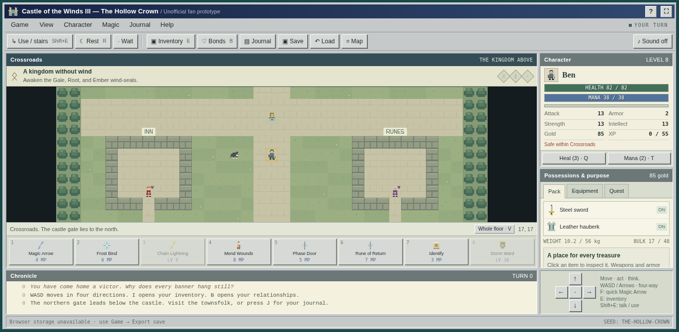 The Hollow Crown running in its fitted Windows-era interface: Crossroads, spellbook, inventory, and movement controls.