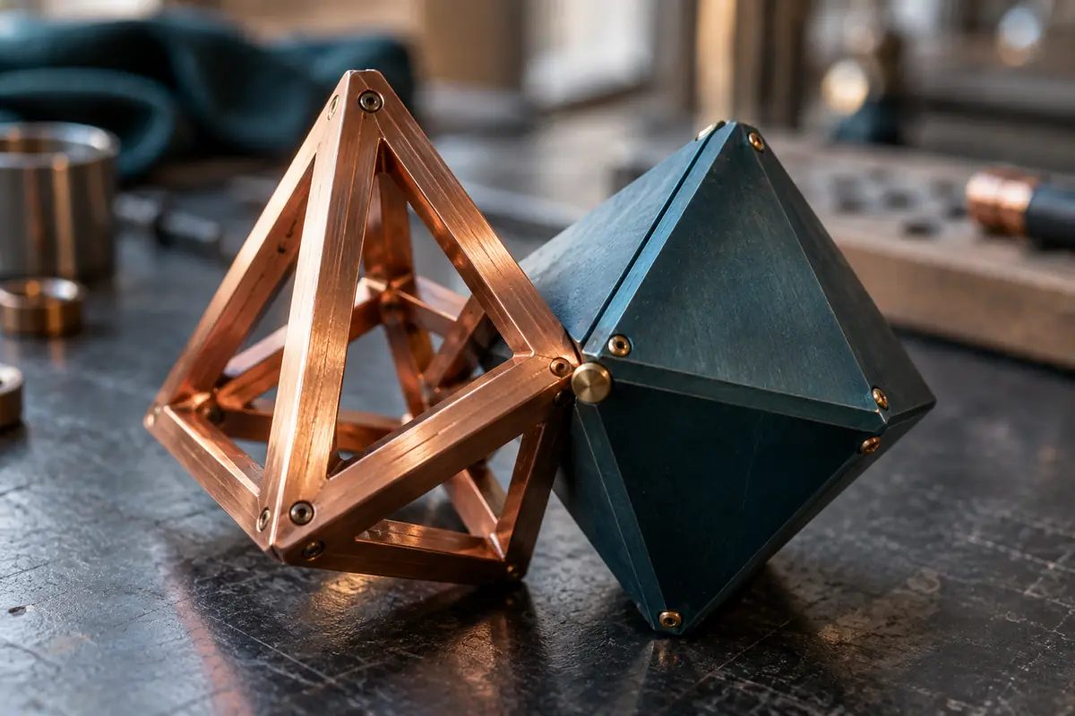 Concept image: macro view of polished copper and matte teal geometric objects with carefully machined joints.