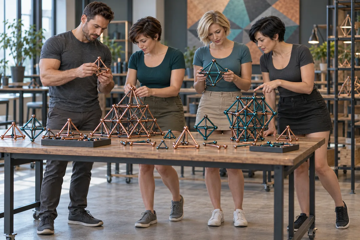 Concept image: Four adults compare copper tetrahedral and teal octahedral construction models at a studio table.