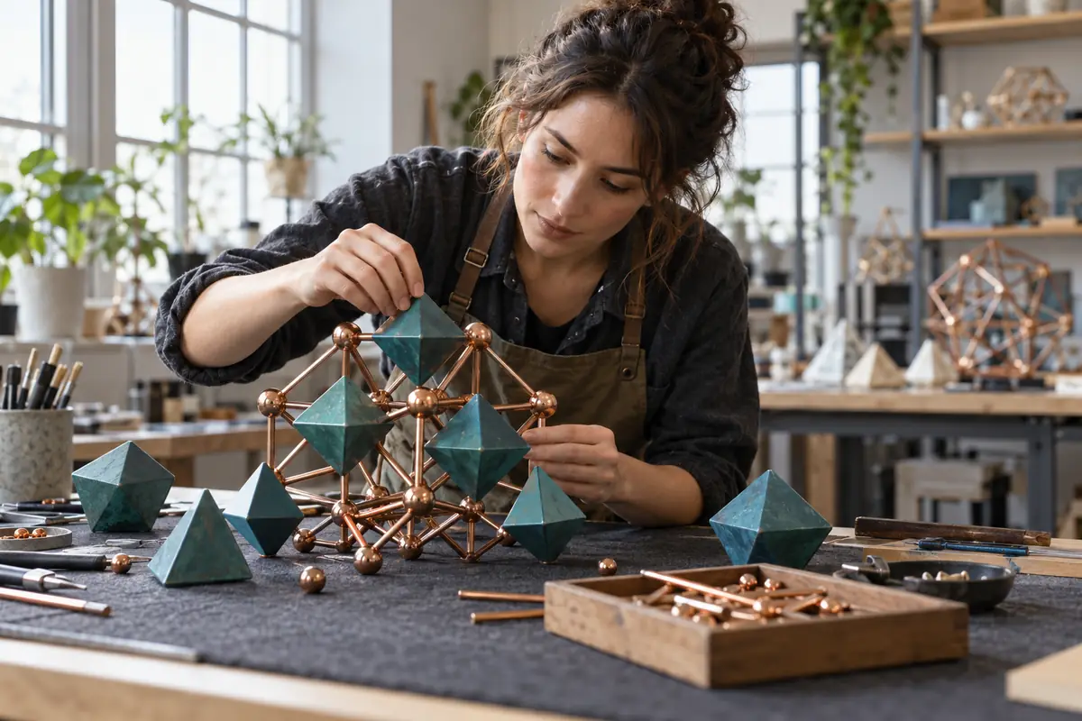 Concept image: research technician carefully arranging copper and teal geometric model pieces on a studio table.