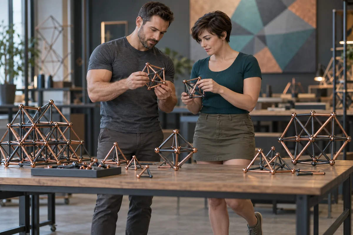 Concept image: Two adults compare tetrahedral and octahedral lattice models on a studio table.