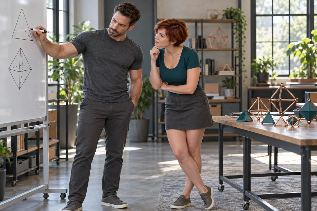 Concept image: A man sketches polyhedra on a whiteboard while a red-haired colleague follows his explanation.