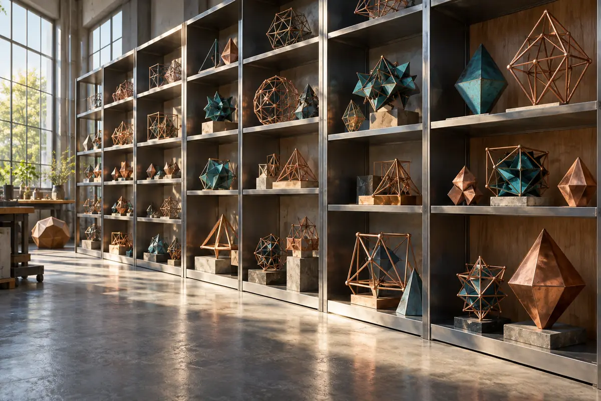 Concept image: sunlit modular shelves holding copper and teal geometric study models in a research archive.
