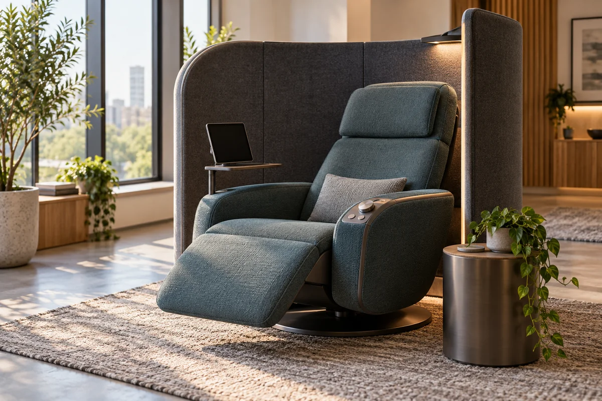 AI-generated concept image of AURORA’s supporting recovery space, with an adjustable recliner, an open acoustic screen, gentle light, and reachable comfort controls.