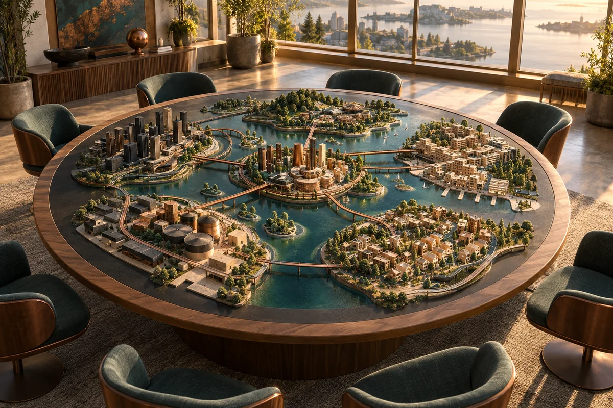 Concept image: a connected tactile civic model on a round planning table surrounded by empty seats in a collaborative studio.