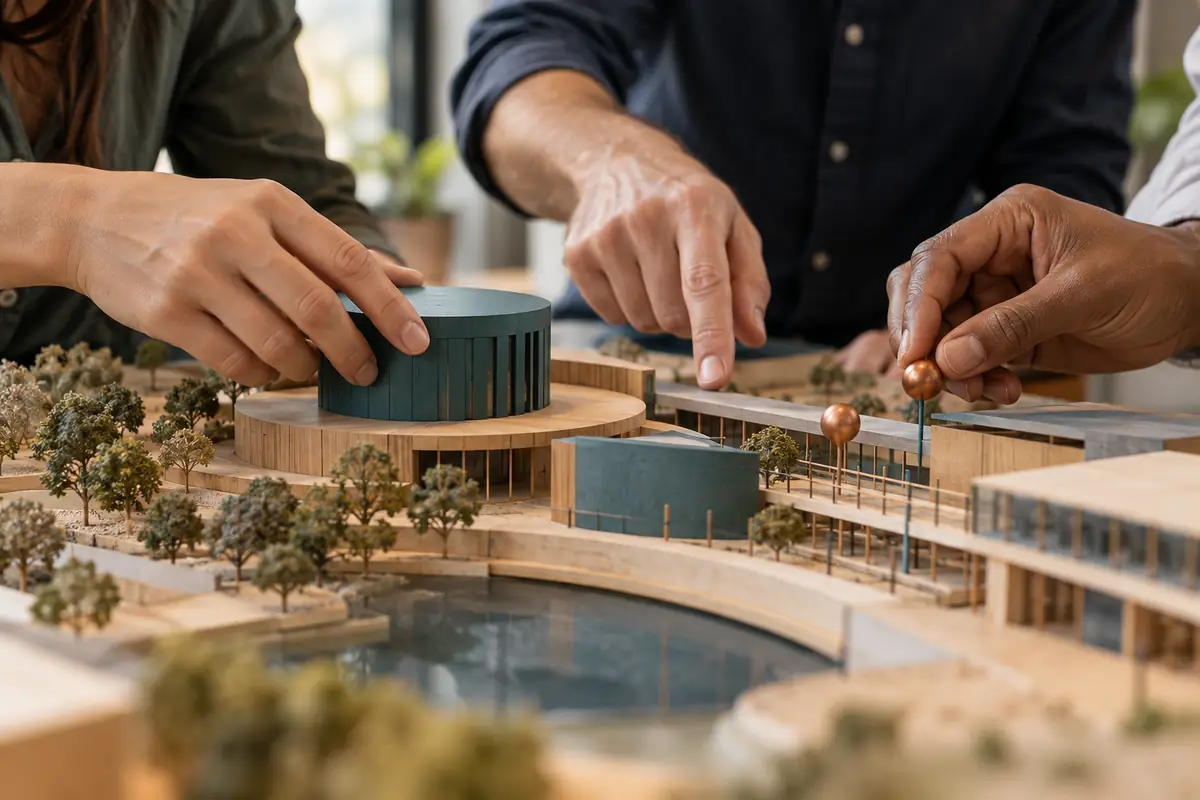 Concept image: three collaborators' hands adjust and discuss plain components of a shared planning model.