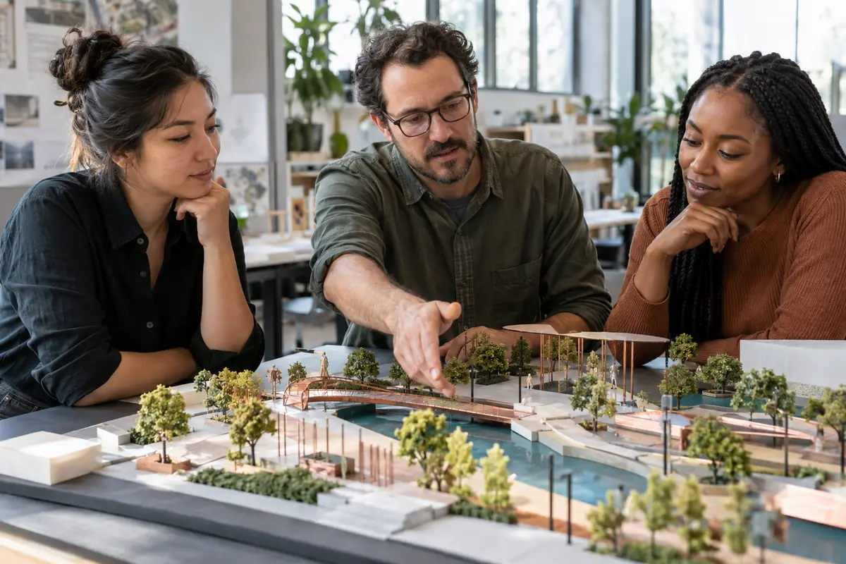 Concept image: three collaborators listen and point to a physical planning model during an engaged discussion.