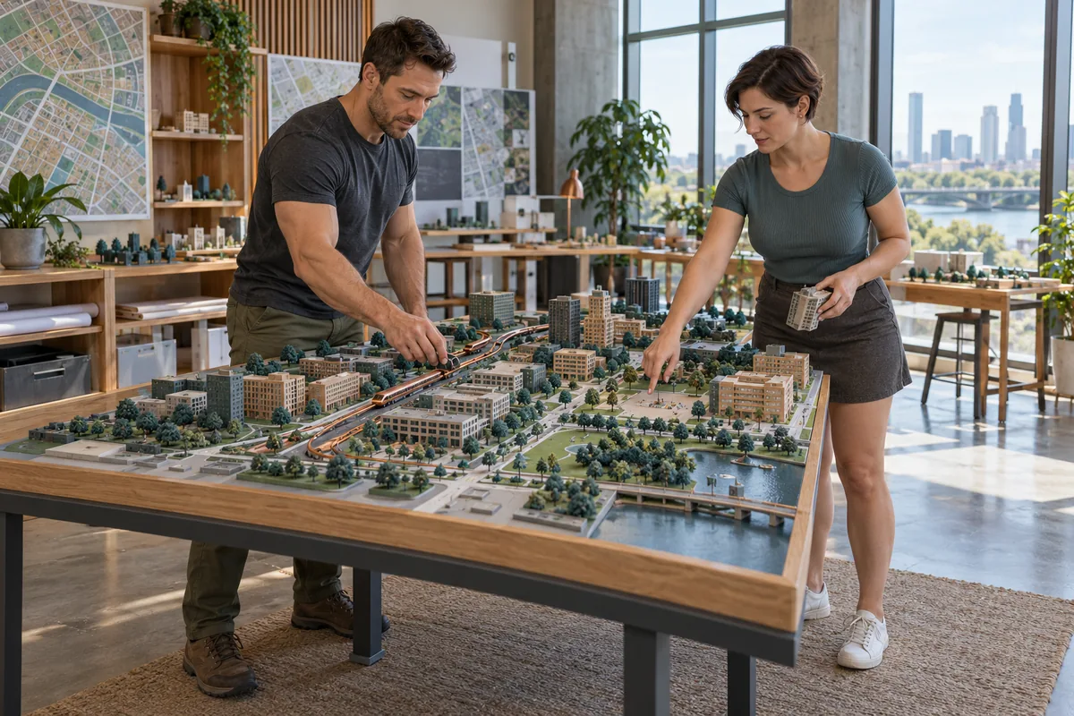 Concept image: Two adults collaborate on a tactile neighborhood planning model in a sunlit civic studio.
