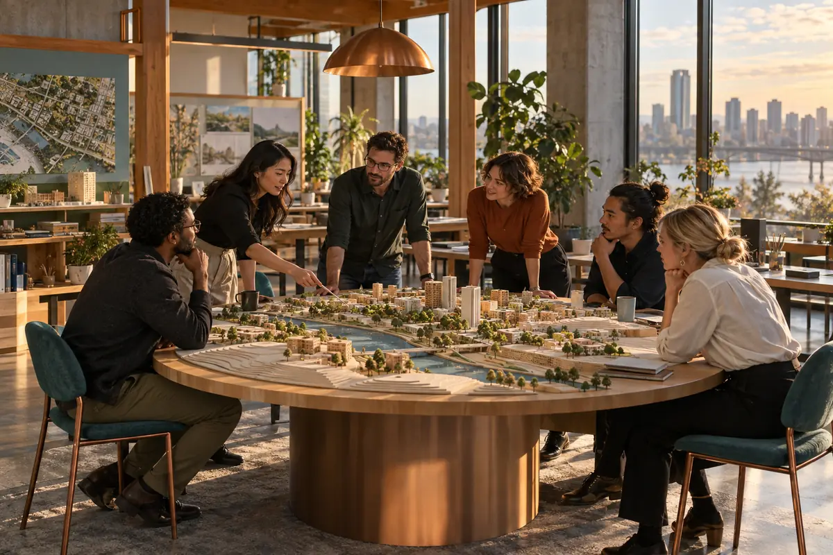 Concept image: a team gathers around a neighborhood model in a bright, spacious collaborative design studio.