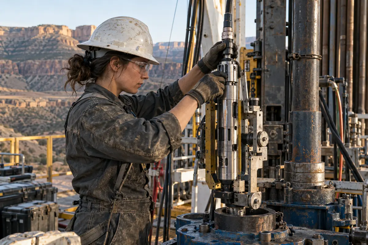 Concept image: geoscience engineer guiding a robotic borehole sensor into a drill rig.