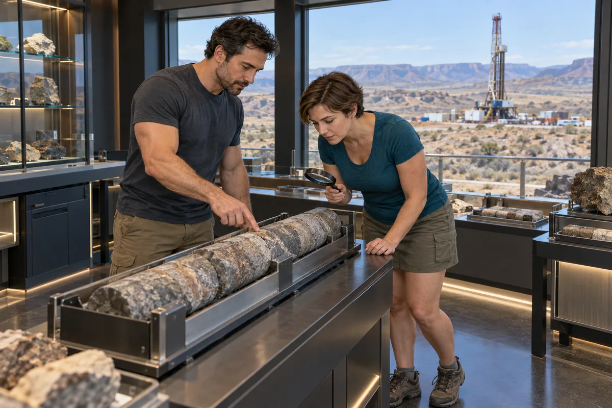 Concept image: Two adults examine a recovered rock core in an enclosed gallery overlooking a distant drilling mast.