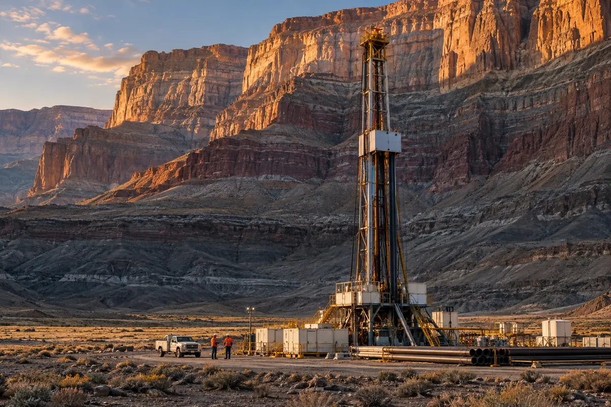 Concept image: remote robotic drilling observatory beneath layered canyon walls.