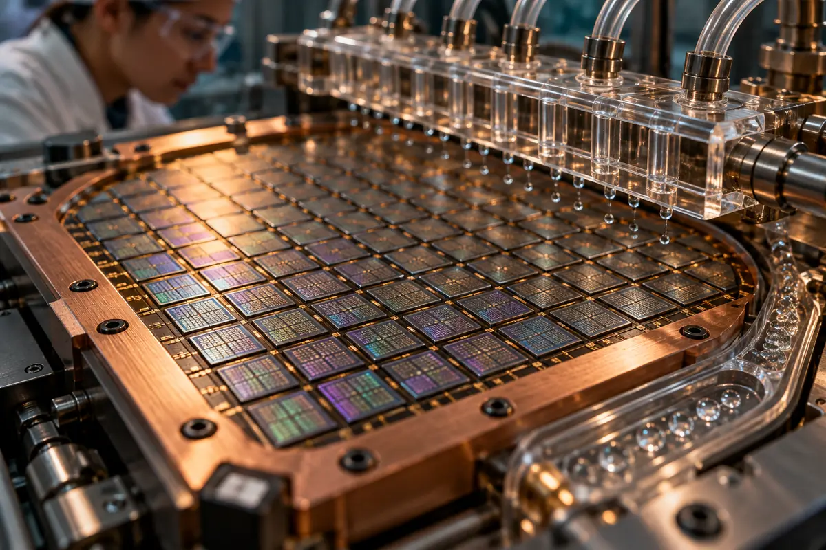 Concept image: macro view of repeated MEMS wafer cells and a dew laden capillary collector.