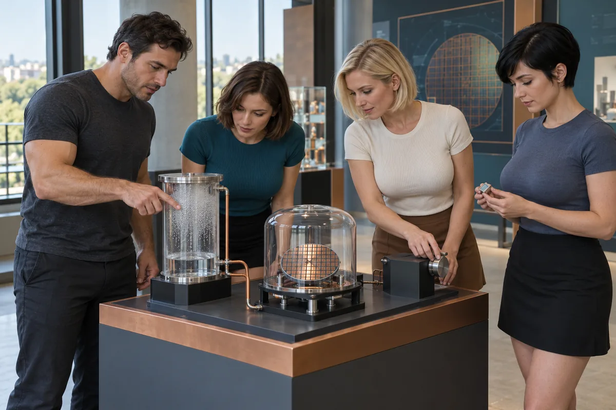Concept image: Four adults study a sealed moisture collector and protected MEMS wafer model in an engineering gallery.
