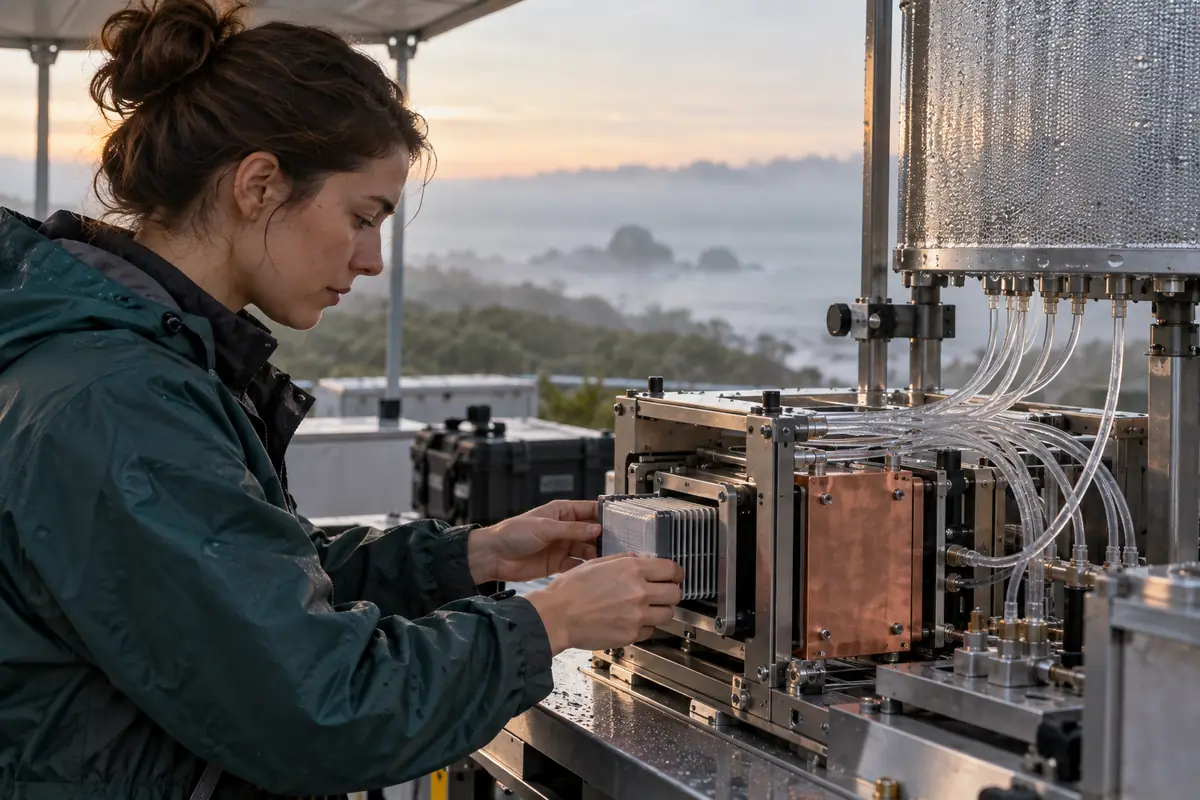 Concept image: engineer inspecting a dew collection membrane feeding a prototype MEMS wafer cassette.