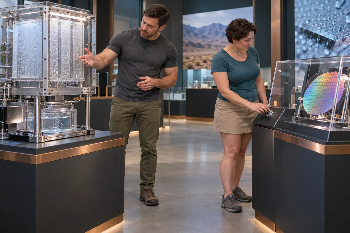 Concept image: Two adults examine a sealed moisture collector and a protected wafer display in an engineering demonstration room.