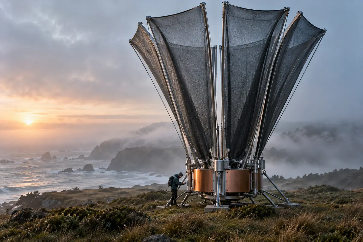 Concept image: prototype dew collection installation in a misty coastal landscape at sunrise.