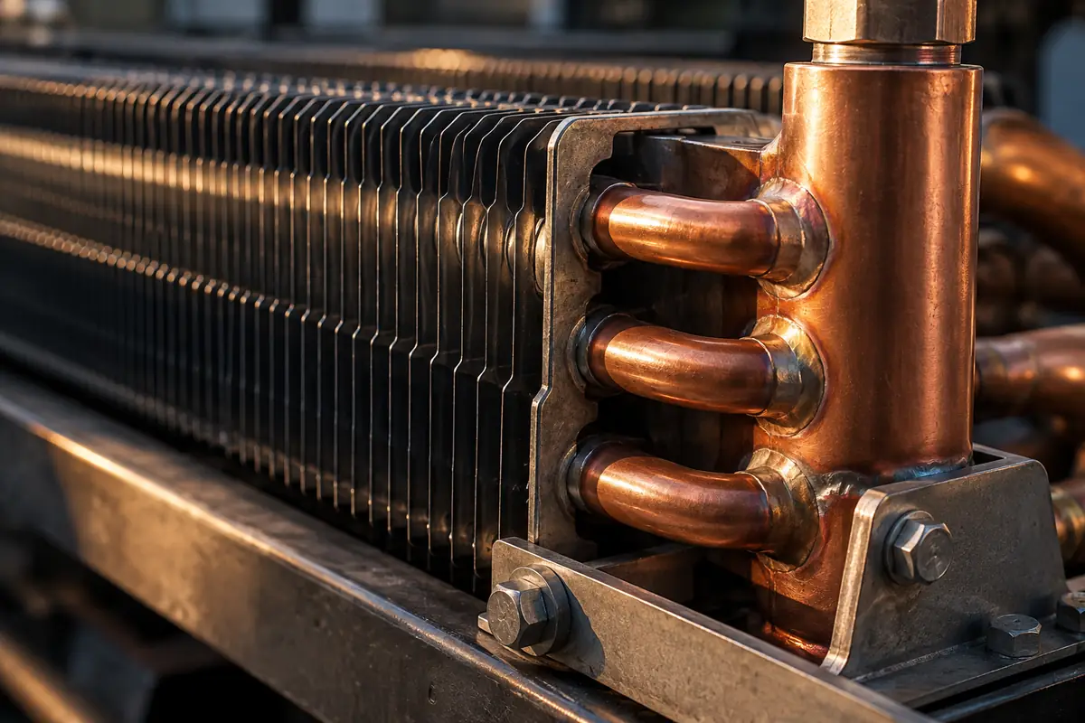Concept image: close detail of dark heat-exchanger fins, a copper manifold and practical bolted connections.