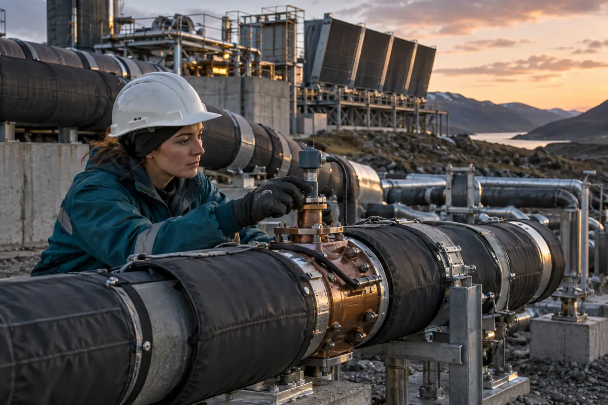 Concept image: thermal-plant engineer inspects a valve and sensor connection beside insulated heat pipes at dusk.