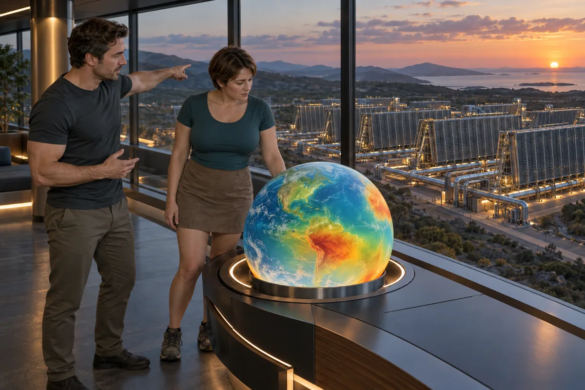 Concept image: Two adults study a planetary heat model on a console overlooking an industrial heat-exchanger facility at dusk.