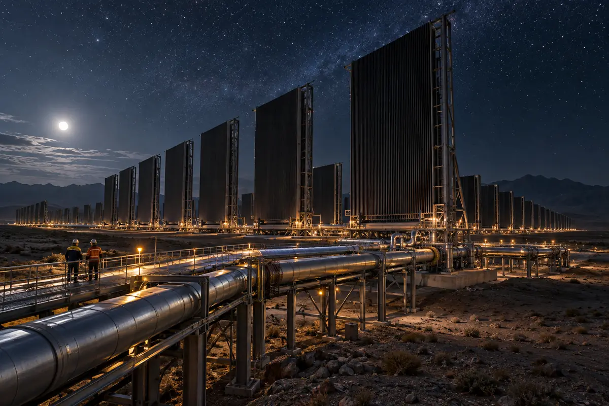 Concept image: insulated heat pipes approach a large field of grounded finned radiator panels beneath a starry night sky.