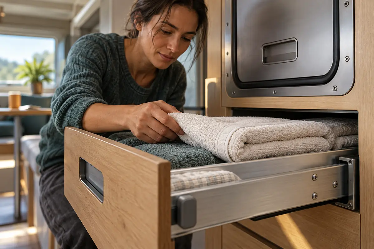 Concept image: close view of folded cotton linen in a service-wall drawer with metal rails, seals and accessible controls.