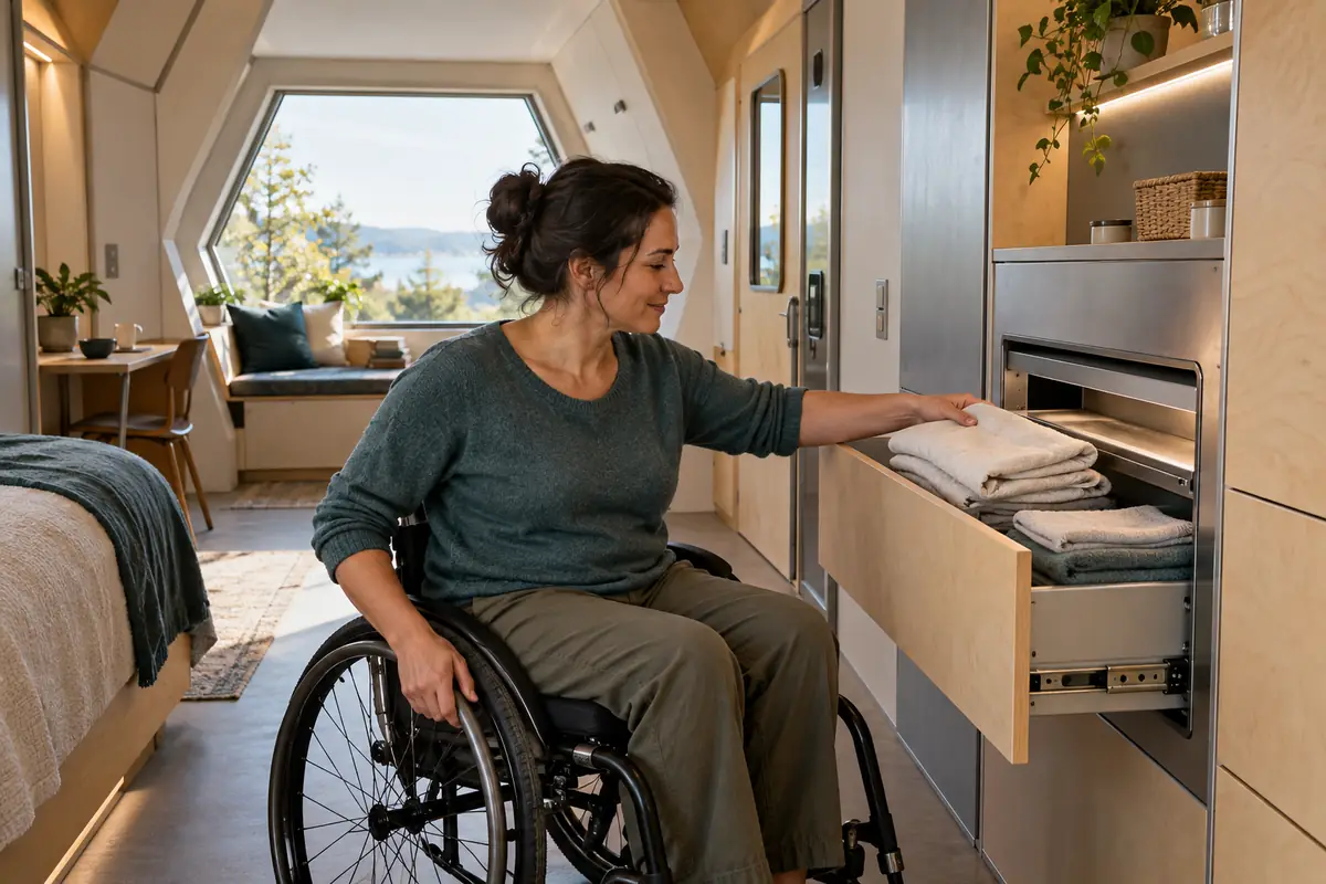 Concept image: adult resident in a wheelchair retrieving a folded towel from an accessible linen drawer inside a modest hexagonal home.