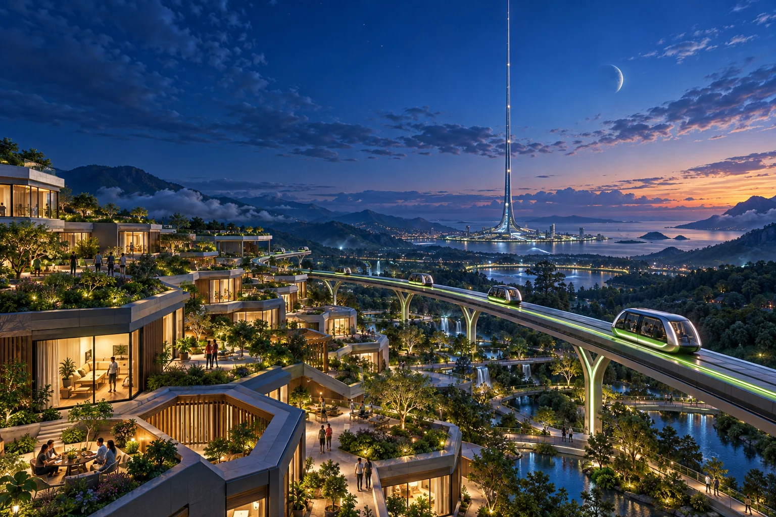 Concept art of a future Haven neighborhood connected by Skyway, with an earlier Meridian horizon concept in the distance.