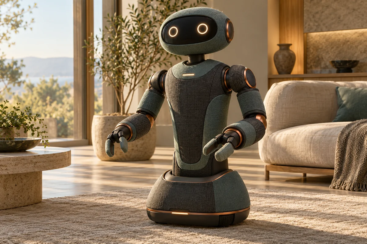 Concept image: a complete soft companion robot with a textile-covered body and compliant joints in a calm living space.