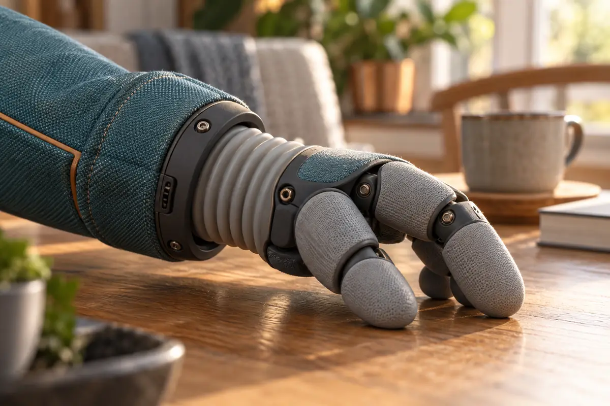 Concept image: macro view of a textile-covered robot wrist with a compliant ribbed joint, sewn cuff and recessed service fasteners.