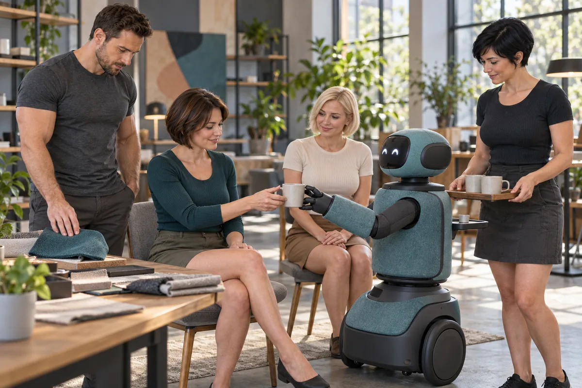 Concept image: Four adults interacting with a textile-padded companion robot as it offers a plain mug.