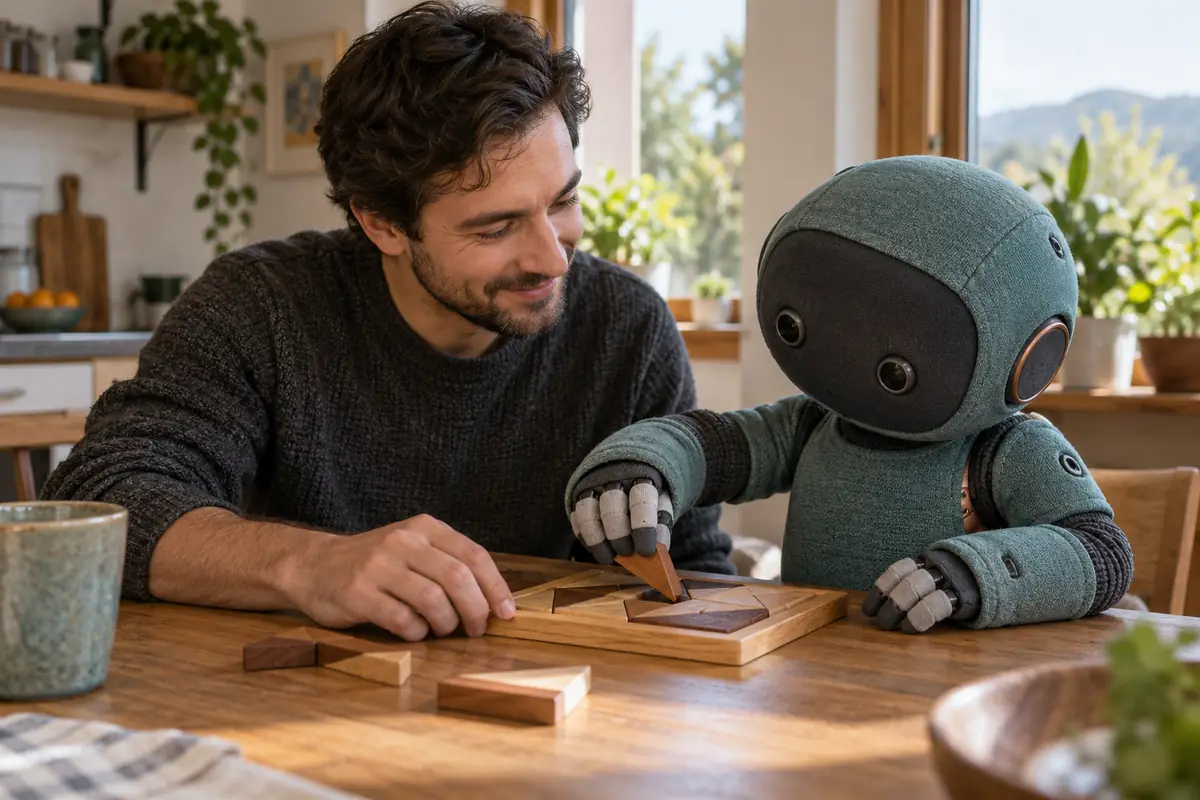 Concept image: an adult looking toward a textile-covered companion robot while they work together with a small wooden puzzle.