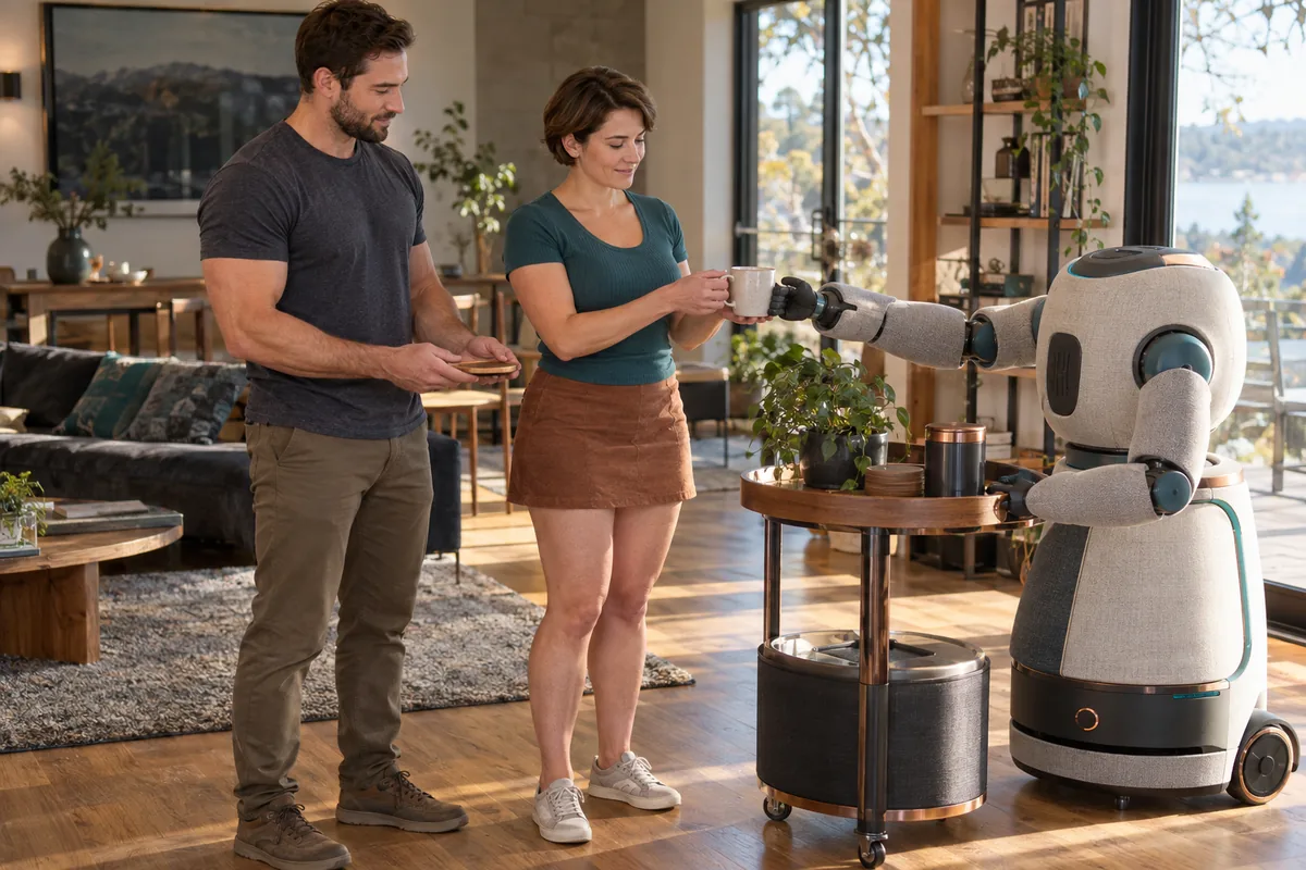 Concept image: Two adults exchange a plain ceramic mug with a softly padded companion robot in a sunlit room.