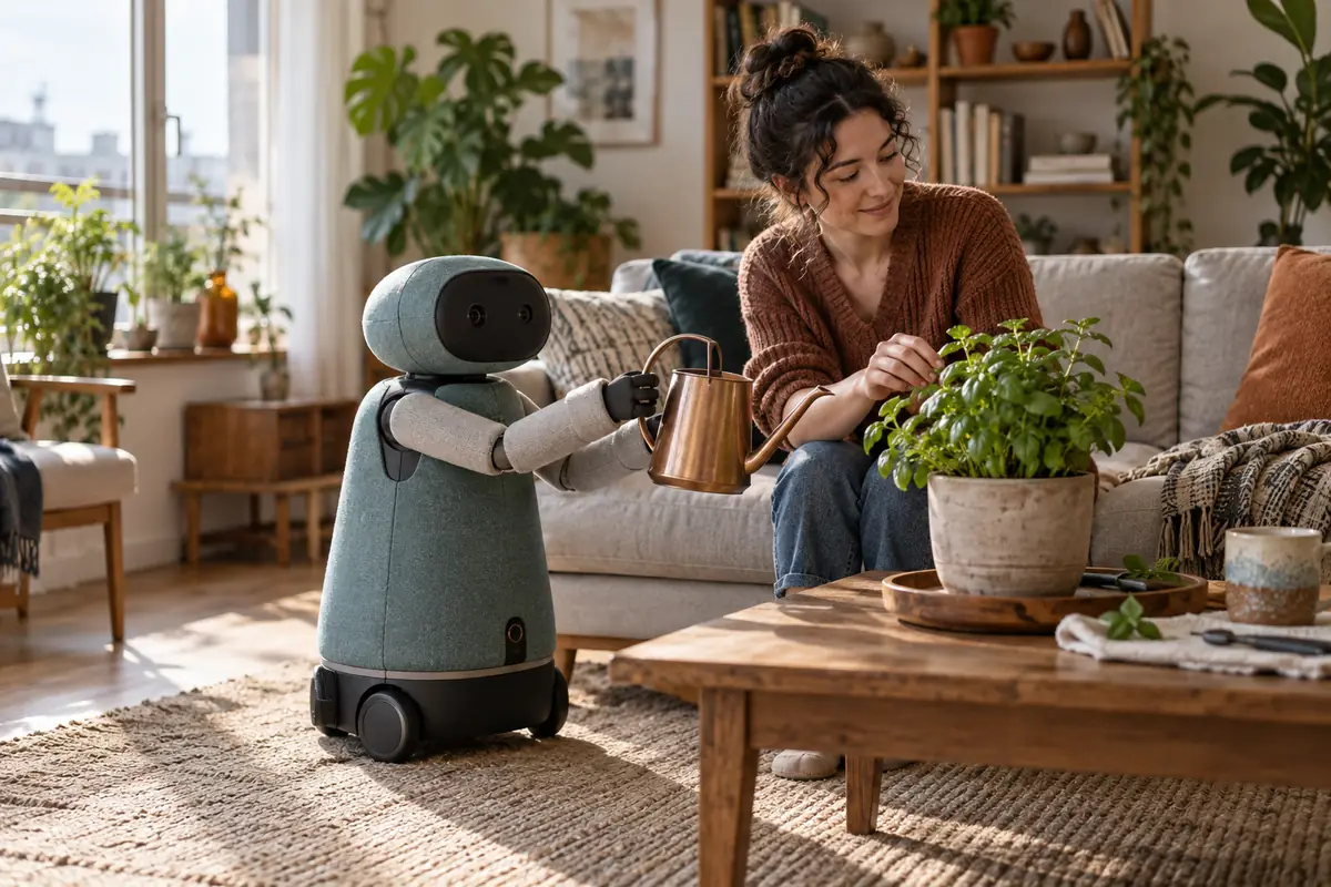 Concept image: a small soft companion robot beside an adult tending a plant in a sunlit modest living room.