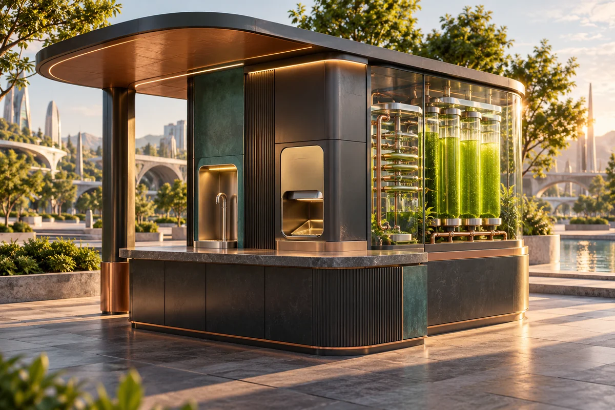 Concept image: an accessible public water refill and sealed algae-food dispensing station with a photobioreactor behind glazing.