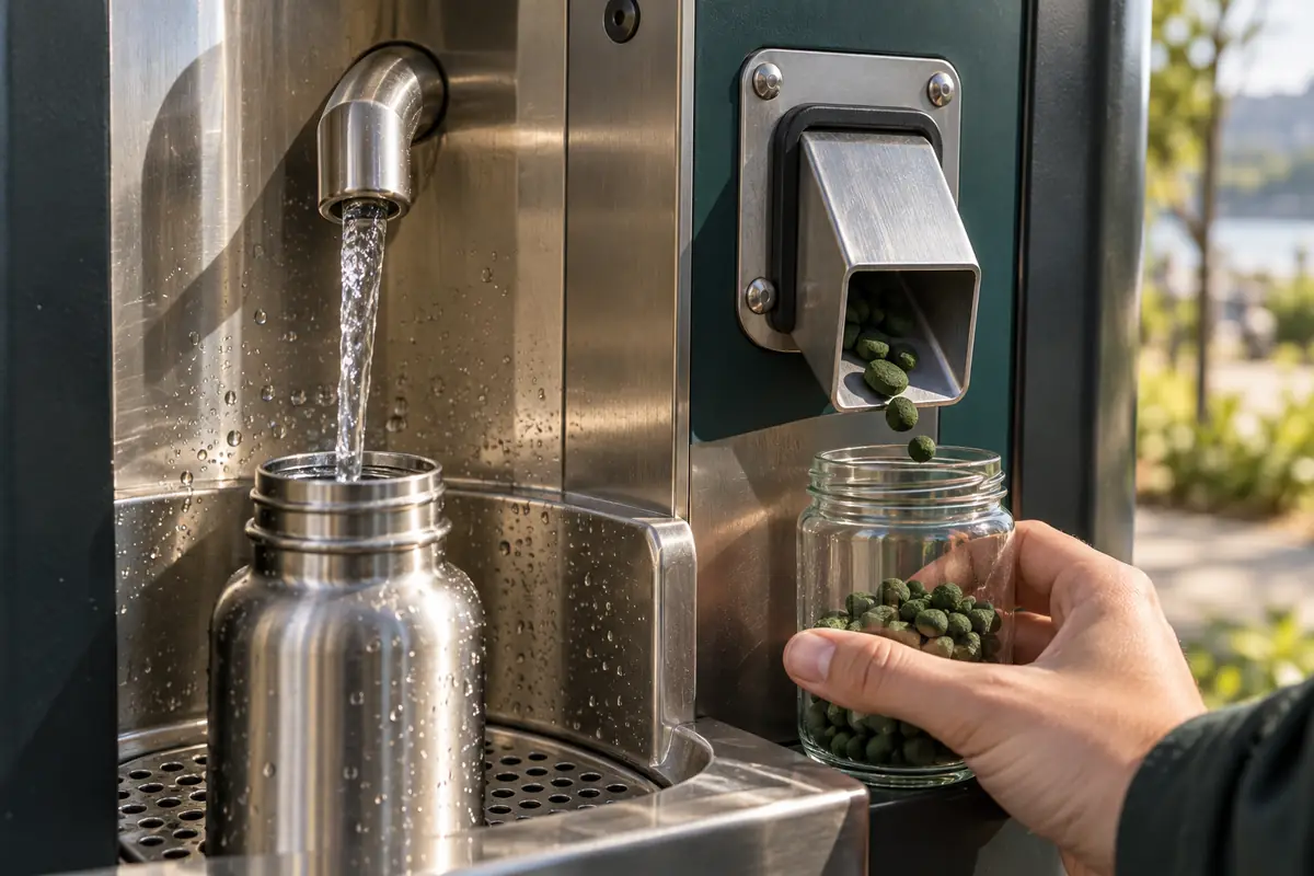 Concept image: close view of a water spout and separate sealed dry-pellet chute with a reusable bottle and glass jar.