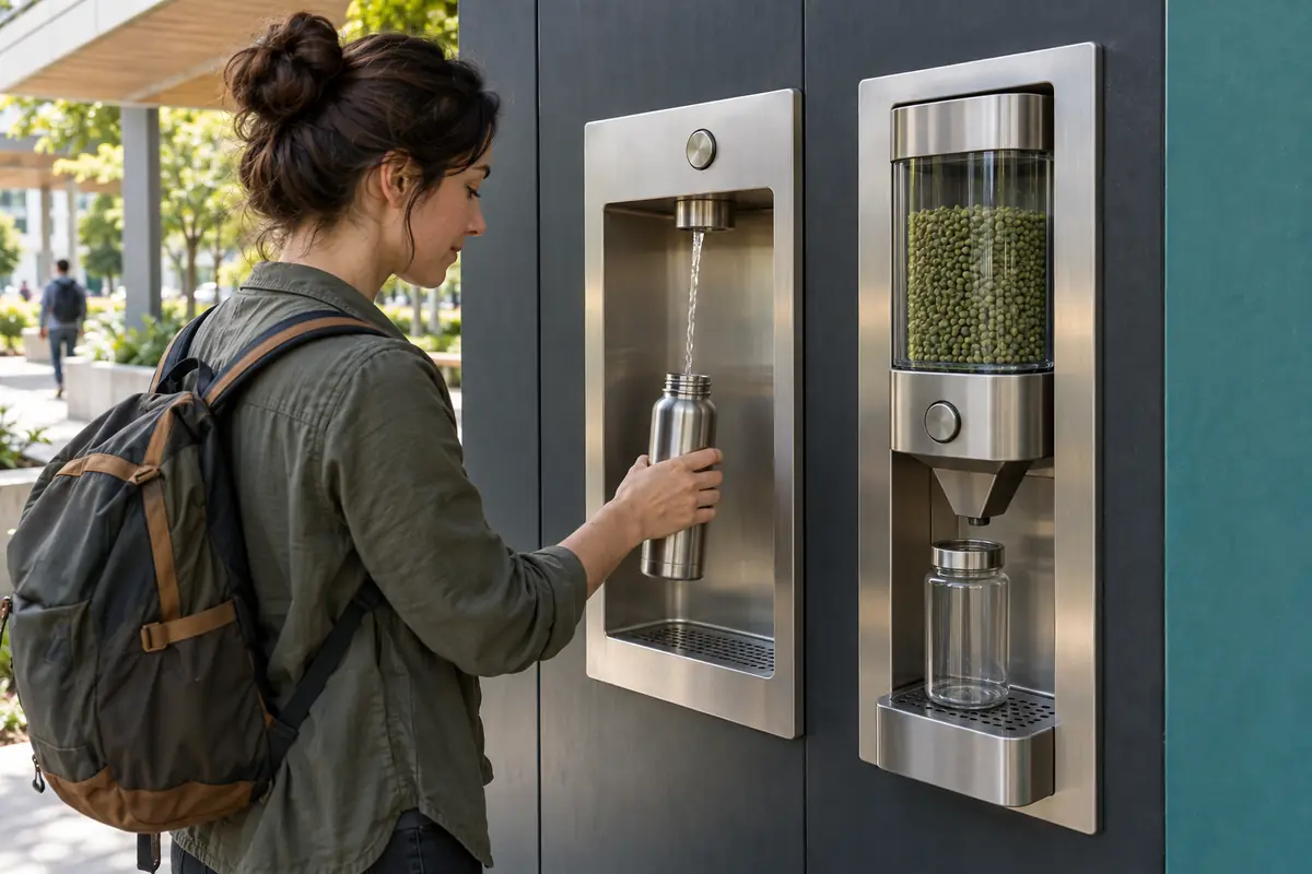 Concept image: an adult filling a reusable bottle at a clean public drinking-water station beside a sealed algae-pellet dispenser.