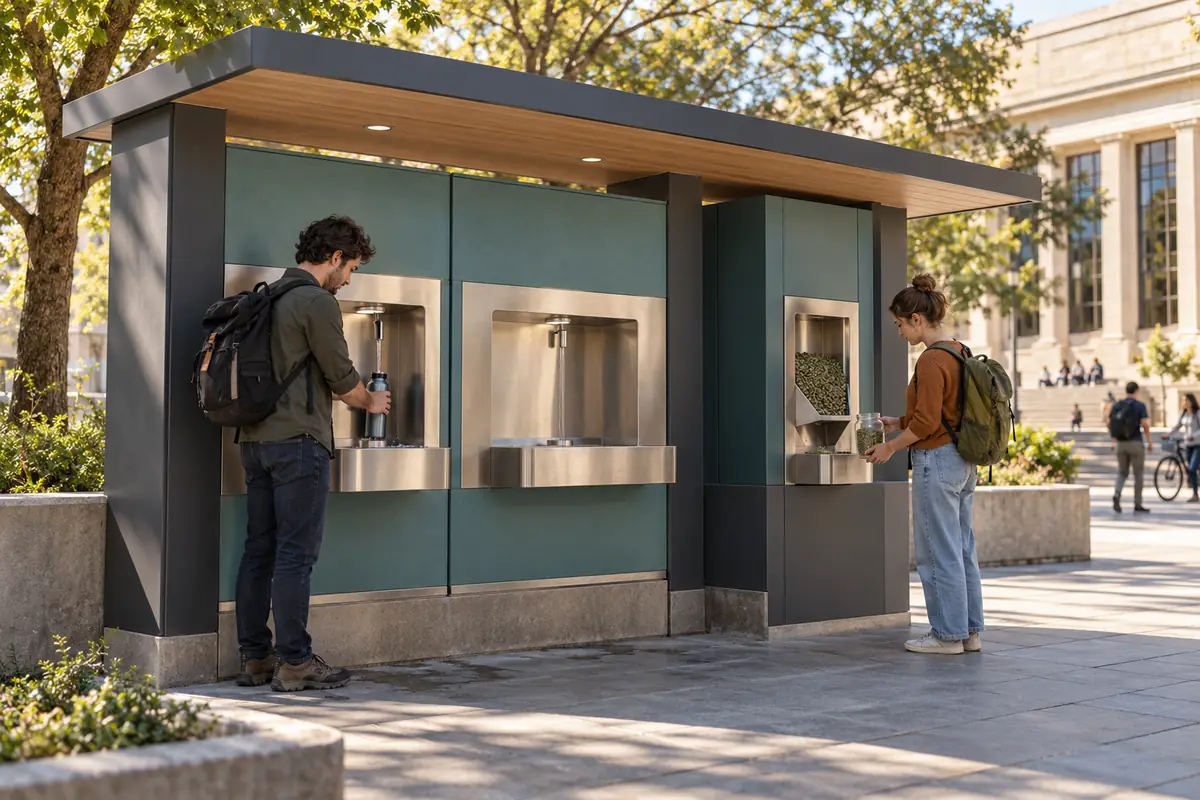 Concept image: a compact clean public drinking-water and algae-pellet service wall beneath a simple shelter in a civic square.