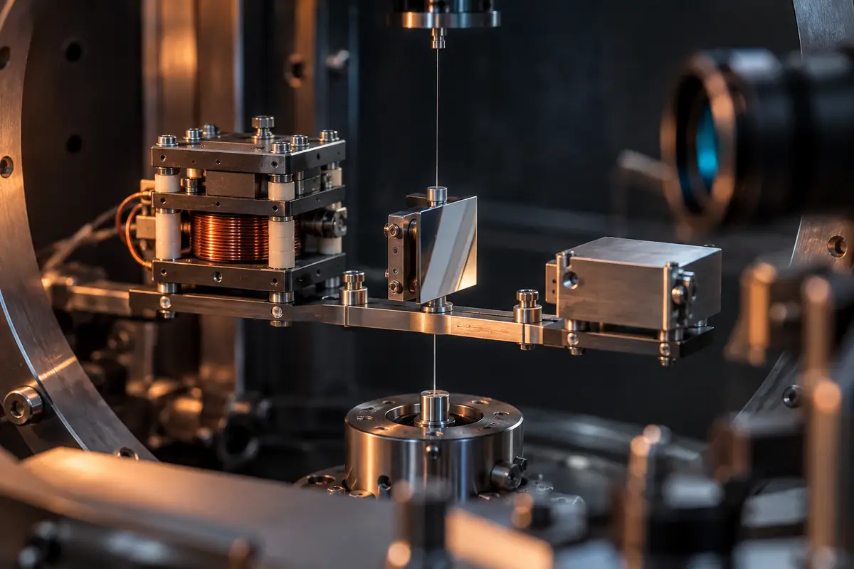 Concept image: compact experimental field device mounted on a torsion platform with optical readout.