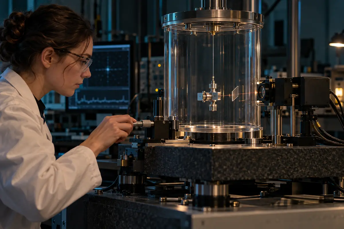 Concept image: researcher adjusting an isolated torsion balance around a compact test device.
