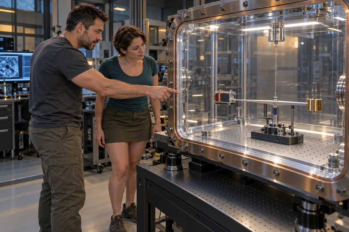 Concept image: Two adults inspect a compact device on a torsion balance through a sealed propulsion research enclosure.