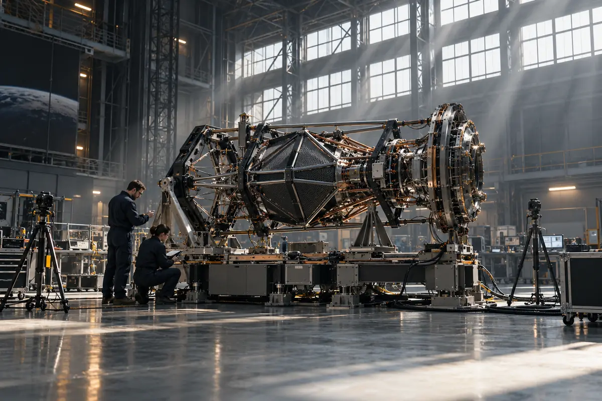 Concept image: non-operating aerospace test article supported on a measurement stand inside a hangar.
