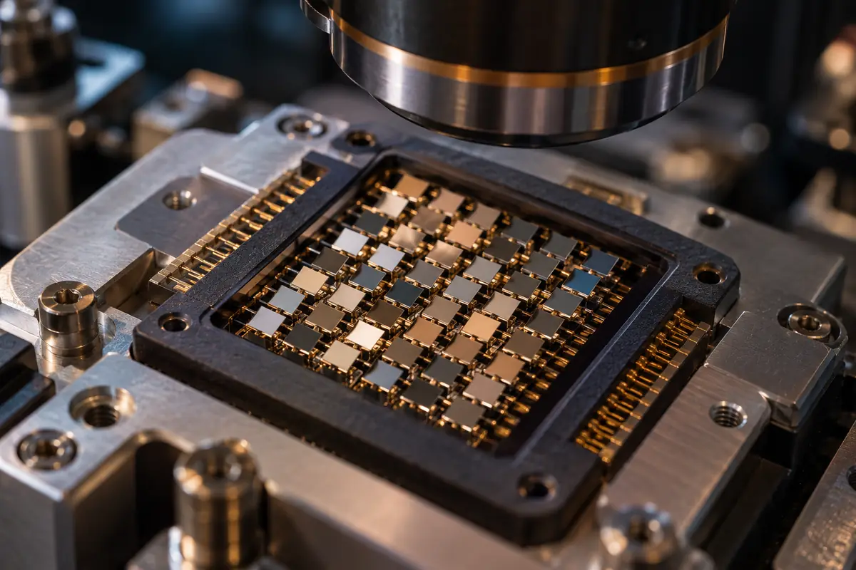 Concept image: precision MEMS mirror array and optical objective in a machined mount.