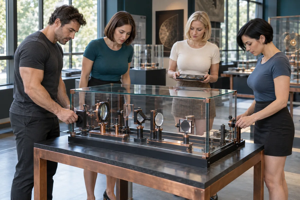Concept image: Four adults operate external controls of a glass-enclosed optical instrument with lenses and mirrors.