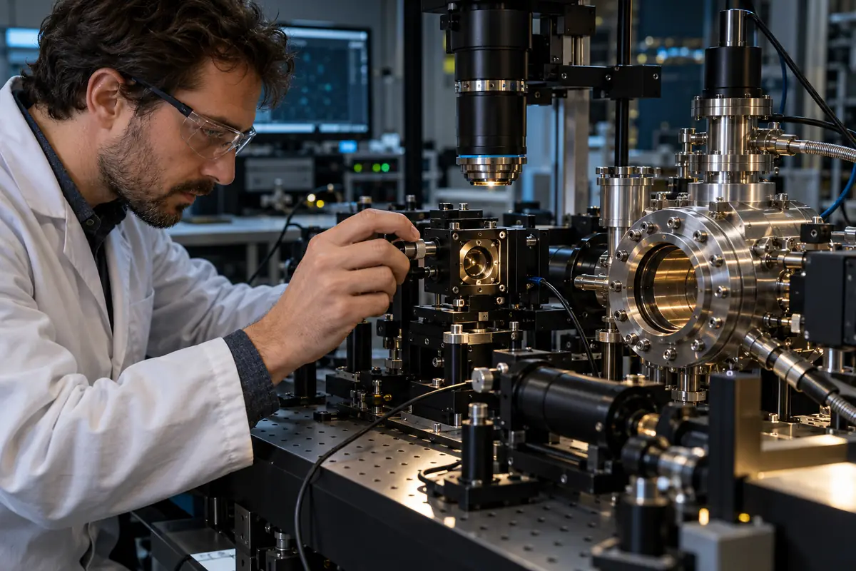 Concept image: optics researcher aligning a mirror assembly beside a vacuum chamber.