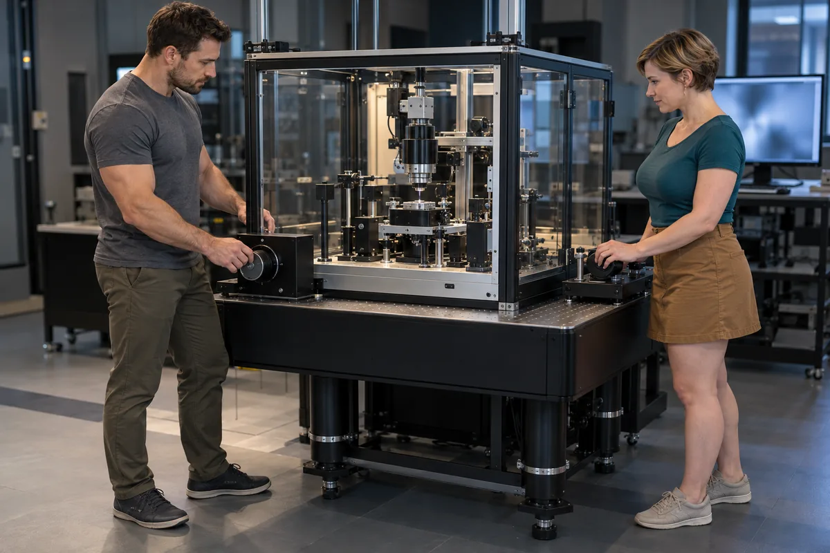Concept image: Two adults operate external controls beside a glass-enclosed optical instrument.