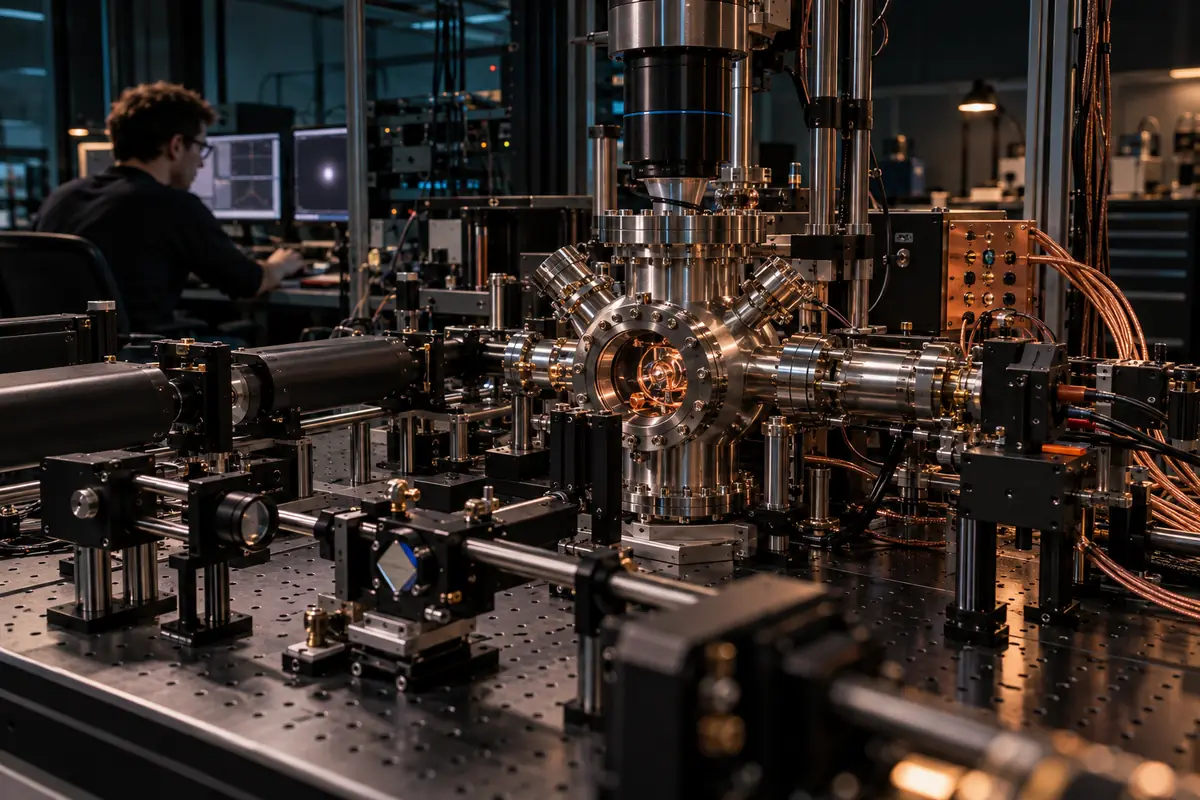 Concept image: vibration isolated optical tweezer apparatus surrounding a central vacuum chamber.
