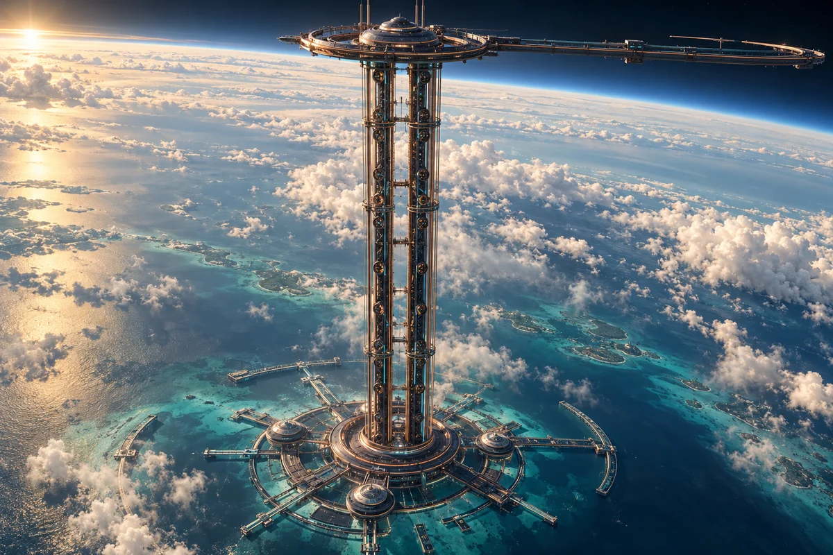 Concept image: an equatorial ocean base and paired kinetic-support guideways rising toward an upper terminal with a separate orbital accelerator.